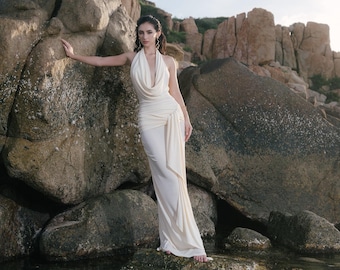 Cowl Neck Backless Maxi Dress, Elegant Stretch Gown, Wedding Guest Outfit