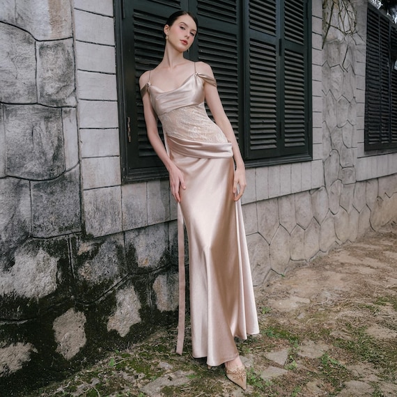 Silk Satin Backless Gown, One Shoulder Evening Dress, Elegant Formal Outfit