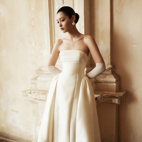ivory courthouse wedding dress Bridal Gown Silk Taffeta A-Line Midi Reception Custom Made Ceremony Elegant Prom Attire FW20