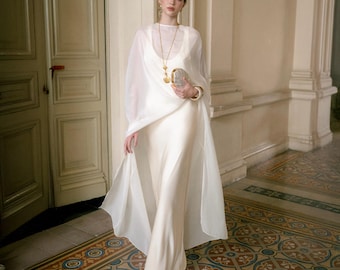 satin dress with shawl Xscape Evenings Women's Satin Gown With Chiffon Overlay - Blue