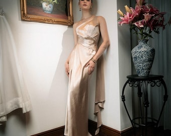 Champagne Satin One Shoulder Evening Gown, Elegant Slit Formal Dress, Modern Minimal Bridal Guest Dress