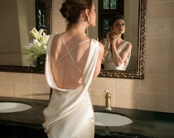 Silk Satin Backless Gown Dress, High Neck Cowl Maxi, Elegant Formal Wear, Vintage Inspired Evening Outfit, Bridal Party & Prom Style