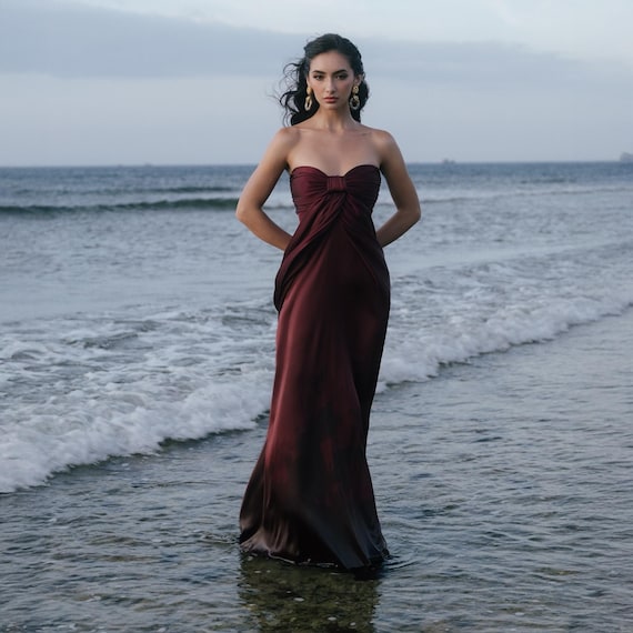Strapless Silk Corset Gown, Satin Lace Up Maxi, Elegant Evening Dress Strapless Silk Corset Gown, Satin Lace Up Maxi, Elegant Evening Dress