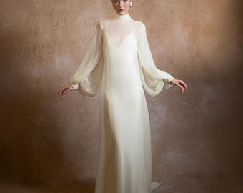 Minimalistisches weißes Seidenkleid mit Chiffonüberzug für Hochzeiten, elegantes langes Brautkleid für besondere Anlässe