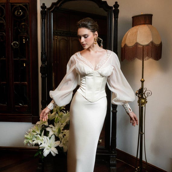 Vintage Ivory Corset Dress - Long Puff Sleeve Bridal Gown for Rehearsal or Formal Events Vintage Ivory Corset Dress - Long Puff Sleeve Bridal Gown for Rehearsal or Formal Events