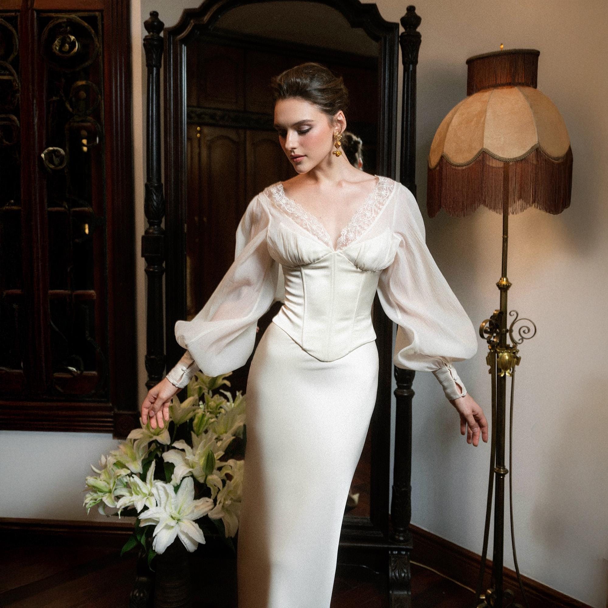 white corset dress long sleeve Long Sleeve Lace Corset Mini Dress in White White / Large
