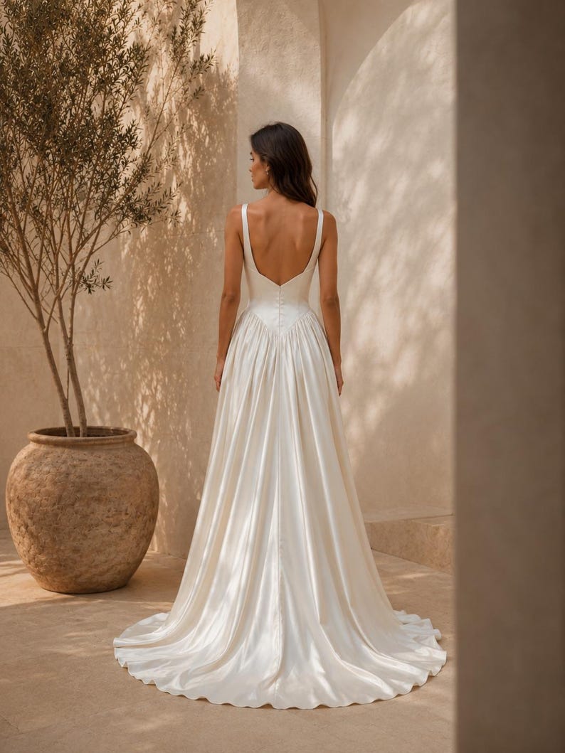 K&ouml;nnte beinhalten: Ein bodenlanges elfenbeinfarbenes Kleid mit tiefem R&uuml;ckenausschnitt, breiten Tr&auml;gern und einem figurbetonten Oberteil, das in einen volumin&ouml;sen, gefalteten Rock mit kleiner Schleppe &uuml;bergeht. Der R&uuml;cken des Oberteils ist mit einer Knopfleiste versehen.