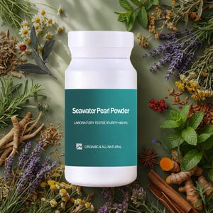 Puede incluir: Una botella blanca de Seawater Pearl Powder con una etiqueta verde azulado, rodeada de varias hierbas y botánicos. La etiqueta indica "Pureza probada en laboratorio >99,9%" y "Orgánico y totalmente natural". El fondo es de color verde claro.