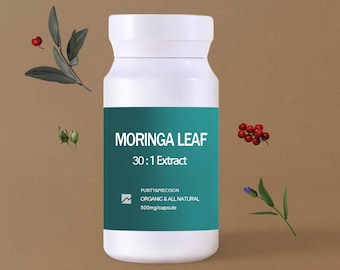 May include: A white supplement bottle with a teal label displaying "MORINGA LEAF 30:1 Extract." The label also states "PURITY & PRECISION ORGANIC & ALL NATURAL 500mg/capsule." The bottle is surrounded by sprigs and berries.