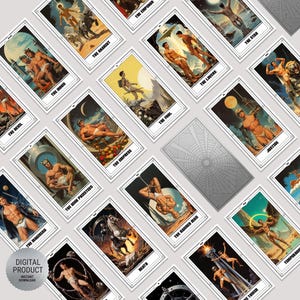 May include: A collection of tarot cards featuring artistic illustrations of figures in various poses, each labeled with titles like The Chariot, The Lovers, The Moon, The Fool, The Empress, Justice, The High Priestess, The Hanged Man, The Magician, Death, and The Tower.