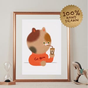 Coffee Cat Wall Art Print, Quirky Digital Download, Funny Cat Lover Gift, Cafe Kitchen Decor, Cute Hand-Drawn Cat Illustration