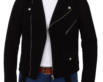 Men’s Genuine Suede Biker Jacket | Black Moto Leather Style | Handmade Coat