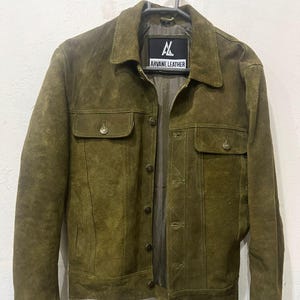 Men&#39;s Olive Green Suede Trucker Jacket - Handmade Western Coat