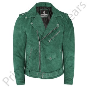 Men’s Green Suede Leather Biker Jacket – Vintage Motorcycle Style with Belt & Zipper Pockets