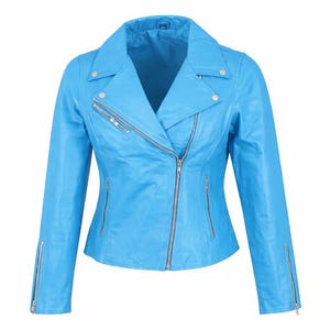 May include: A bright blue leather jacket with a classic biker style. Features include a notched collar, asymmetrical zipper closure, zippered pockets, and zippers at the cuffs. The jacket has a tailored fit and silver-tone hardware.