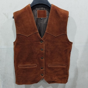 Gilet En Cuir Véritable Daim Marron – Homme – Taille M (poitrine 40) – Vintage
