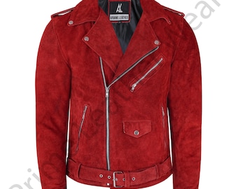 Chaqueta de motociclista de ante auténtico rojizo hecha a mano: abrigo de motociclista de ante vaquero