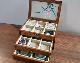 Handmade vintage Jewelry Box with Silk Embroidery, Walnut Wood Storage, Three-Layer Organizer