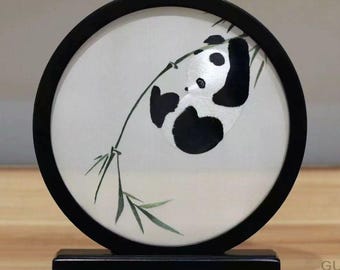 Housewarming Gift, Handmade Embroidery Table Screen, Panda Pattern