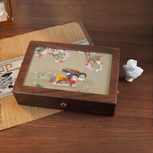 Antique Jewelry Box, Chinese Silk Double-Sided Embroidery Screen, Walnut Wood Love Birds