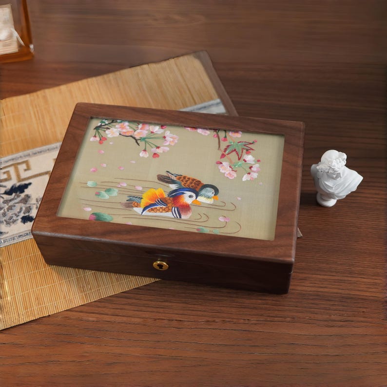Antique Jewelry Box, Chinese Silk Double-Sided Embroidery Screen, Walnut Wood Love Birds