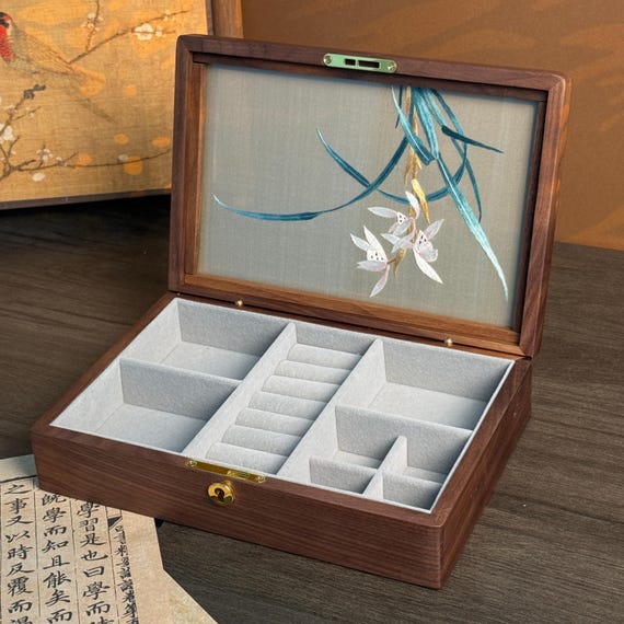 Antique Jewelry Box, Chinese Silk Double-Sided Embroidery Screen, Walnut Wood
