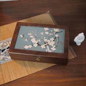 Antique Jewelry Box, Chinese Silk Double-Sided Embroidery Screen, Walnut Wood Magnolia 03