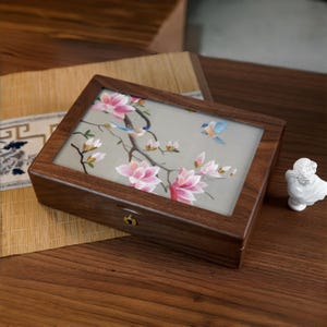 Antique Jewelry Box, Chinese Silk Double-Sided Embroidery Screen, Walnut Wood Magnolia 04