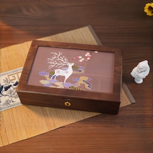 Antique Jewelry Box, Chinese Silk Double-Sided Embroidery Screen, Walnut Wood image 10