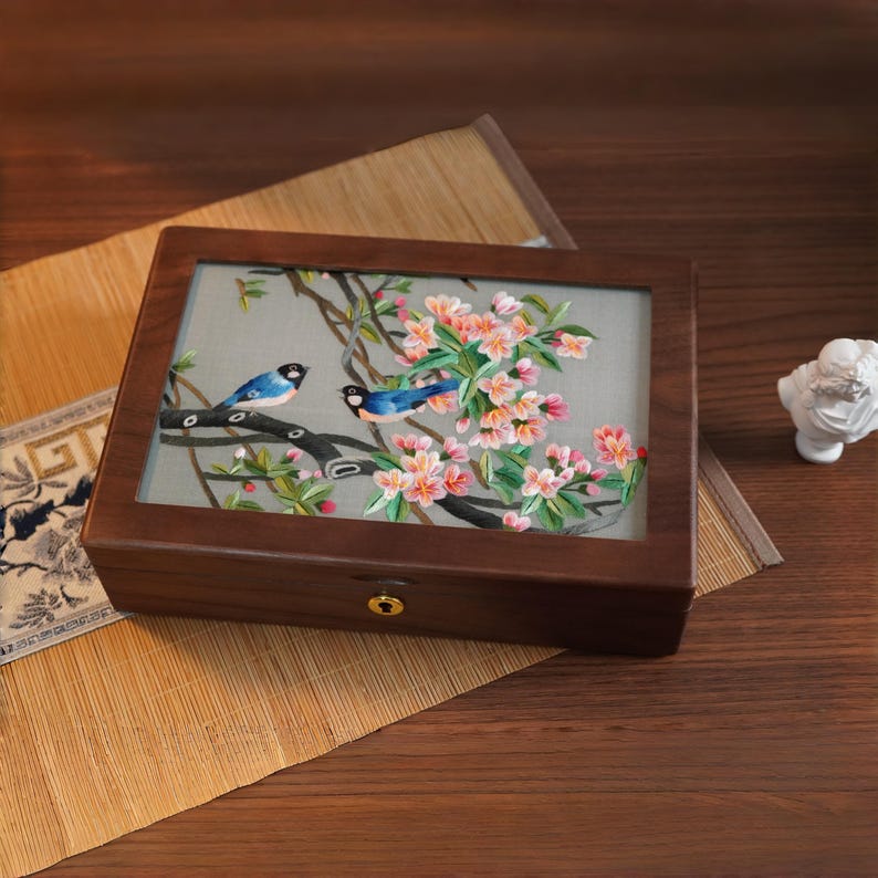 Antique Jewelry Box, Chinese Silk Double-Sided Embroidery Screen, Walnut Wood Magpies 01