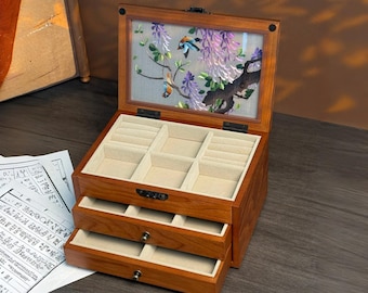 Handmade Embroidered Silk Jewelry Box, Walnut Wood Organizer，Gift for Christmas, Wedding