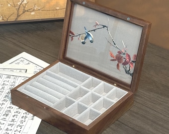 Wooden Jewelry Box with Double-sided Su Embroidery, Decorative Arts, Handmade Christmas Gifts, Collectibles, Antiques