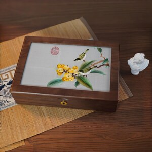 Antique Jewelry Box, Chinese Silk Double-Sided Embroidery Screen, Walnut Wood Loquat 01