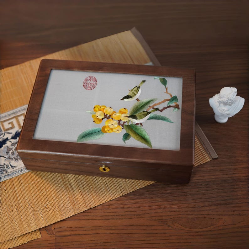 Antique Jewelry Box, Chinese Silk Double-Sided Embroidery Screen, Walnut Wood Loquat 01