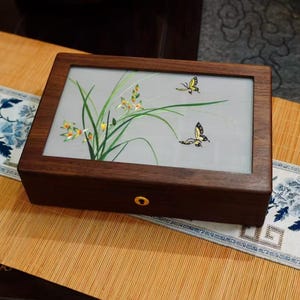 Antique Jewelry Box, Chinese Silk Double-Sided Embroidery Screen, Walnut Wood Magnolia 02