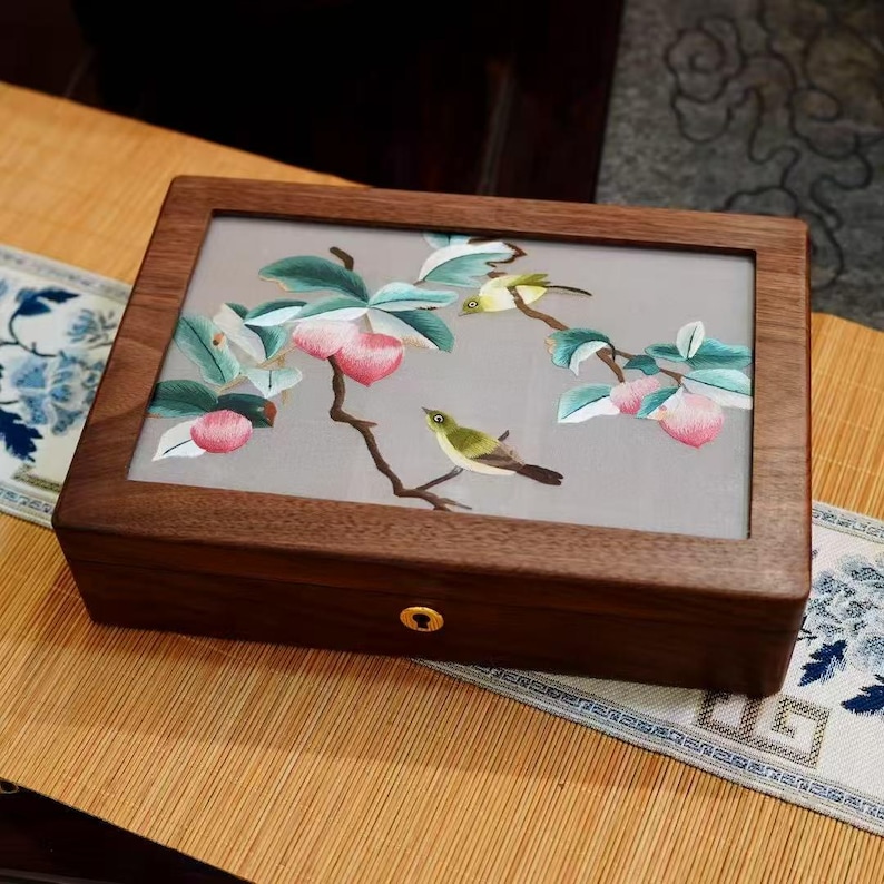 Antique Jewelry Box, Chinese Silk Double-Sided Embroidery Screen, Walnut Wood Peach 01