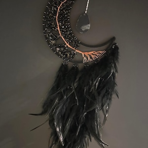 Black Moon Feather Dreamcatcher, Gemstone Wall Hanging, Boho Home Decor, Black Dreamcatcher, Tree of Life Decor, Black Dreamcatcher