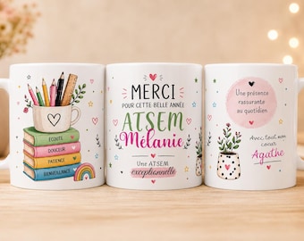 Tasse personnalisée atsem avec prénom – Cadeau fin d’année scolaire/Mug personnalisé atsem/maitresse/maitre/Nounou/AESH/cadeau original