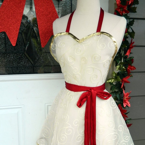 Hostess Apron - Embroidered Chiffon and Red Satin