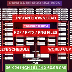 Digitaler 2026 World Cup Halterung druckbarer Spielplan | Bearbeitbarer Power Point PPTX, PDF, PNG Tracker