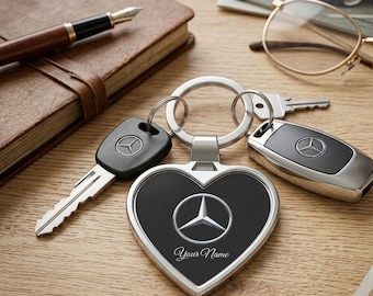 Personalized Mercedes Heart Keychain, Custom Name Car Keyring, Silver Star Bag Charm