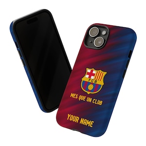 May include: A smartphone and a phone case with a red and blue gradient design. The case features the FC Barcelona crest, the text "MES QUE UN CLUB", and space for a personalized name in gold lettering.