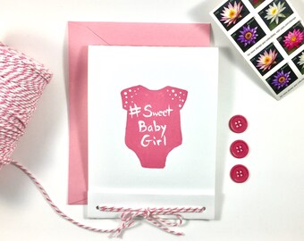 Hand Painted Onesie Baby Card - Pink - Hashtag Sweet Baby Girl