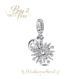 Puede incluir: Un charm plateado con un diseño de copo de nieve y un pequeño charm redondo que dice "THE FUTURE IS BRIGHT". El charm de copo de nieve tiene una estrella en el centro y está incrustado con cristales transparentes. El charm cuelga de un lazo plateado.