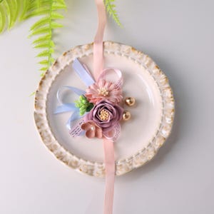 Elegant Pink Wedding Wrist Corsage with Ribbon | Custom Faux Floral Bracelet, Corsage Bracelet, Flower Wrist Corsage, gift for mom