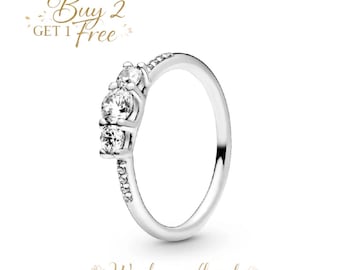 Anillo transparente de tres piedras, anillo Pandora, regalo para ella