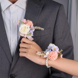 Wedding Boutonniere & Wrist Corsage Set: Cream White Roses, Blush Carnations