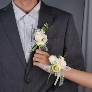 Elegant White & Green Wedding Wrist Corsage: Silk Flower Bridal Bracelet