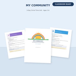 Puede incluir: Una unidad de tiempo de círculo preescolar de 5 días titulada My Community para edades de 3 a 6 años. El conjunto de documentos incluye planes de lecciones con texto, un gráfico de arcoíris y sol en la portada e instrucciones de clase.