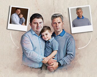 May include: A digital illustration depicts three individuals: two men and a young child, all in shades of blue. The central figures are embracing. Two framed photos are positioned above the figures, connected by curved white lines. The background has a textured, sepia-toned appearance.